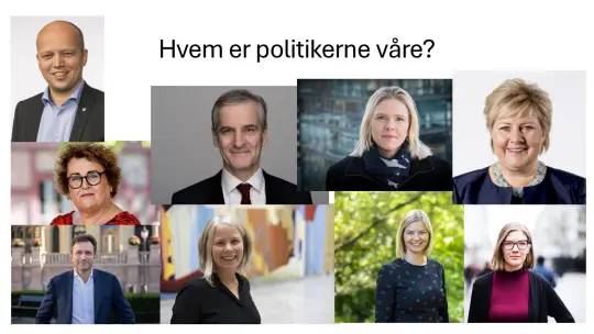 Portrett av flere sentrale norske politikere og tekst Hvem er politikerne våre?